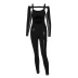 solid color hollow mesh stitching long-sleeved jumpsuit NSLJ138432