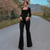 solid color pit strip square collar threaded long sleeve pleated flared jumpsuit NSLJ138434