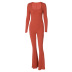 solid color pit strip square collar threaded long sleeve pleated flared jumpsuit NSLJ138434