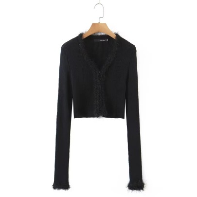 Fur Edge V-neck Knitted Long-sleeved Cropped Cardigan NSZQW138457