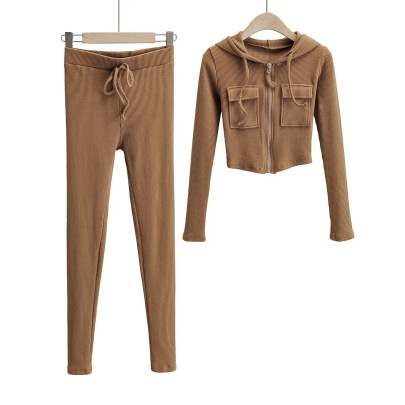 Solid Color Knitted Full Zipper Pocket Hoodeie Elastic High Waist Pants Set NSZQW138459
