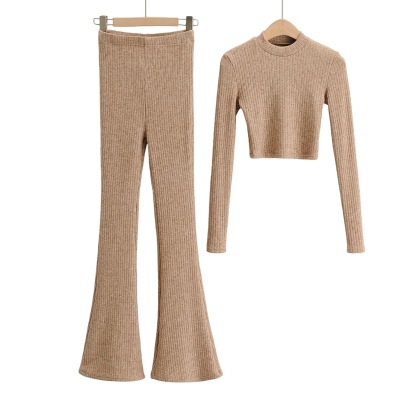 Solid Color Knitted High-neck Crop Top High Waist Slim Flared Pants Set NSZQW138462