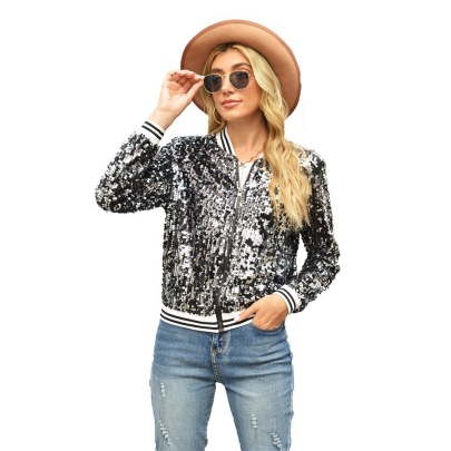 Full Zipper Sequined Long-sleeved Jacket NSXLY138466