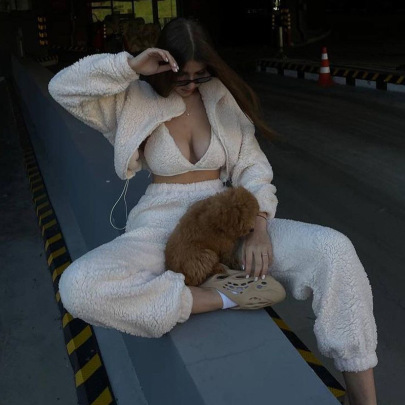Solid Color Furry Bra Vest Trousers Coat Three-piece Set NSFLY138490