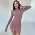 solid color slim slit round neck long-sleeved dress NSHTL138513