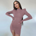 solid color slim slit round neck long-sleeved dress NSHTL138513