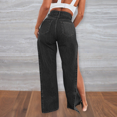 High Waist Ripped Stitching High Slit Jeans NSWL138526