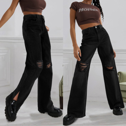 Solid Color High Waist Ripped Slit Jeans NSWL138529