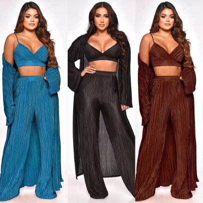 Solid Color Crop Tops Lace-up Pleated Three-piece Set NSOSM138536