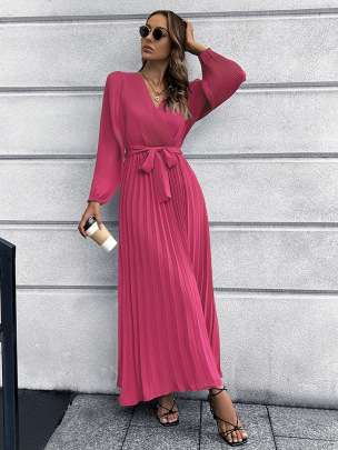 Solid Color V-neck Long-sleeved Pleated Mid-length A-line Dress NSHYG138538