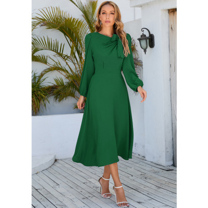 Solid Color Round Neck Bow Mid-length Long-sleeved A-line Dress NSHYG138540