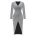 solid color V-neck long-sleeved slit waist prom dress NSHYG138542