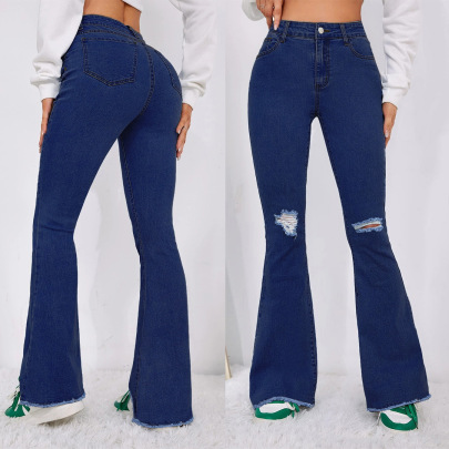 Slim High Waist Hole Denim Micro Flared Jeans NSGYY139636