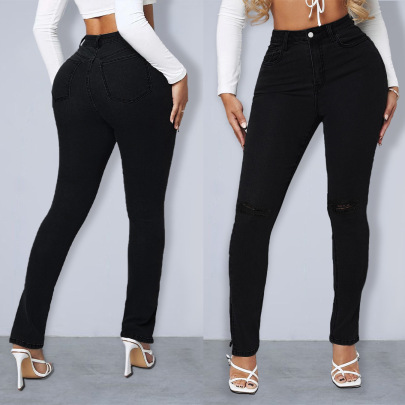 Ripped Holes High Waist Slim Solid Color Jeans NSGYY139638