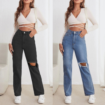 Ripped Straight-leg High Waist Solid Color Jeans NSGYY139639