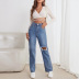 ripped straight-leg high waist solid color jeans NSGYY139639