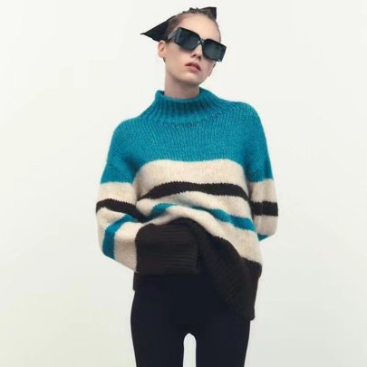 Long-sleeved Stand-up Collar Loose Striped Contrast Color Sweater NSAM139672