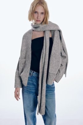 Long Sleeve Pockets Loose Solid Color Knitted Cardigan With Scarf NSAM139687
