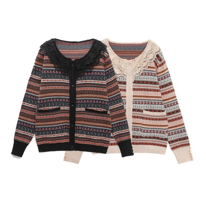 Long-sleeved Crochet Embroidery Stitching Color Matching Knitted Cardigan NSAM139689