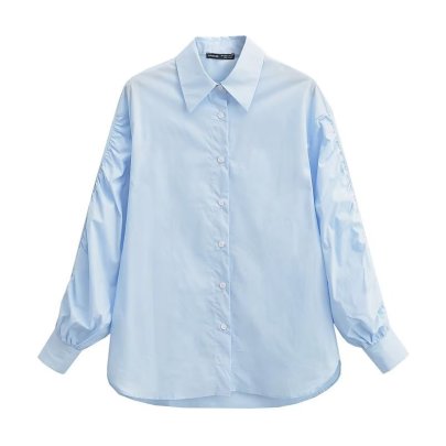 Single-breasted Solid Color Lapel Wrinkled Sleeves Shirt NSAM139690