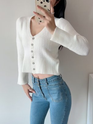 Bright Diamond Flower Buckle Deep V Long Sleeve Solid Color Mohair Knitted Cardigan NSAM139695
