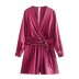 v neck long sleeve solid color silk satin texture one-piece shorts NSAM139707