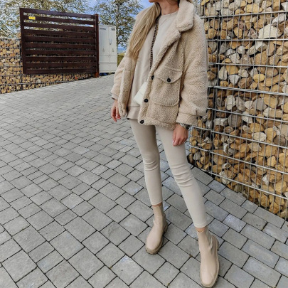 Warm Lapel Long-sleeved Loose Solid Color Plush Coat NSONF139711