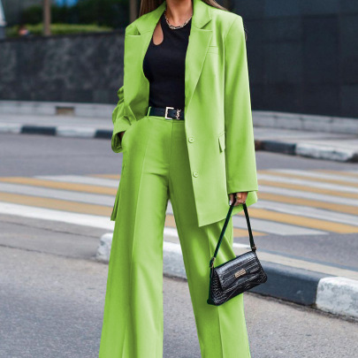 Long-sleeved Casual High Waist Loose Solid Color Blazer And Pant Two-piece Suit NSONF139712