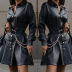 single-breasted solid color long sleeve lapel pu dress NSONF139724