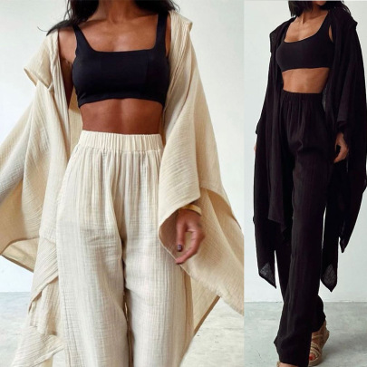 Long-sleeved Bohemian Hooded Loose High Waist Solid Color Cotton And Linen Two-piece Suit NSONF139726