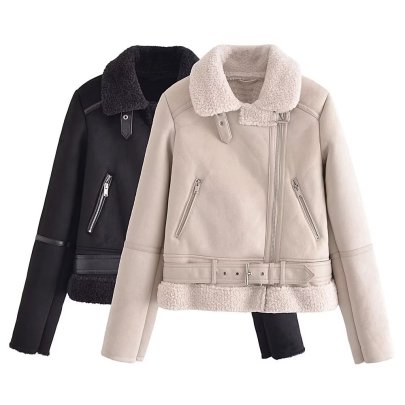 Zipper Long Sleeve Warm Solid Color Fur Lamb Wool Jacket NSYXB139750