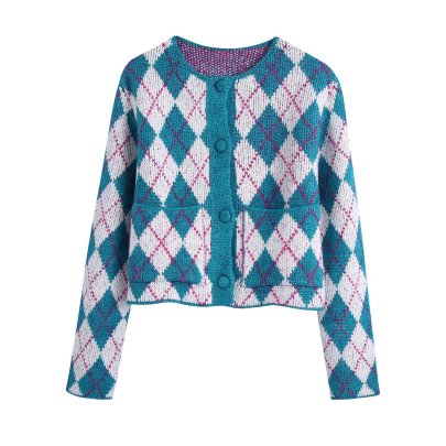 Round Neck Jacquard Long Sleeve Diamond Pattern Knitted Cardigan NSYXB139755