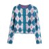 round neck jacquard long sleeve diamond pattern knitted cardigan NSYXB139755