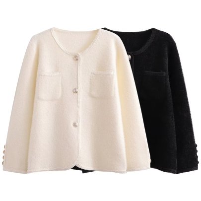 Button Solid Color Retro Loose Pockets Knitted Jacket NSYXB139758