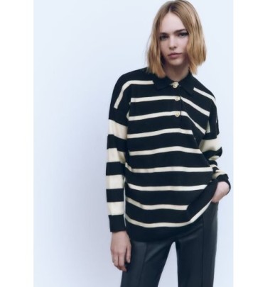 POLO Collar Loose Long Sleeve Striped Knitted Sweater NSAM139704