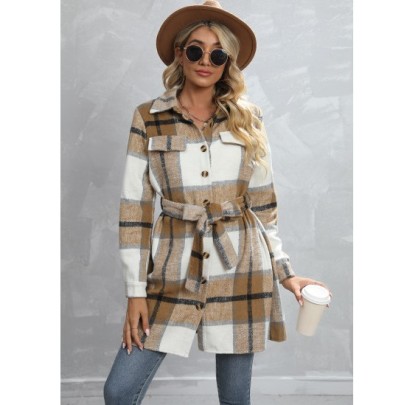 Single-breasted Lapel Lace-up Long Sleeve Mid-length Plaid Woolen Coat NSNCK139742