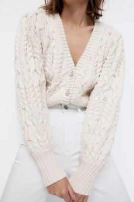 Pearl Decoration V Neck Long Sleeve Solid Color Knitted Cardigan NSAM139763