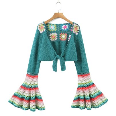 Trumpet Sleeve V Neck Lace-up Color Matching Knitted Cardigan NSAM139765