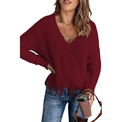 V-neck Tassel Loose Long Sleeve Solid Color Sweater NSMVS139808