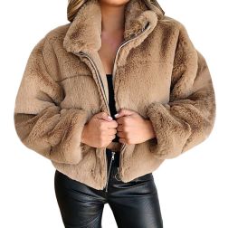 rabbit fur faux fur plush zipper solid color long sleeve warm jacket NSMVS139811