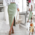 ribbed button solid color slit high waist slim skirt NSMVS139818
