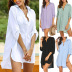 v neck long sleeve loose lapel solid color beach sunscreen shirt dress NSMVS139819