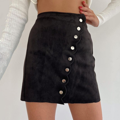 Leather Velvet Single Breasted Solid Color High Waist Slim Skirt NSFD139845