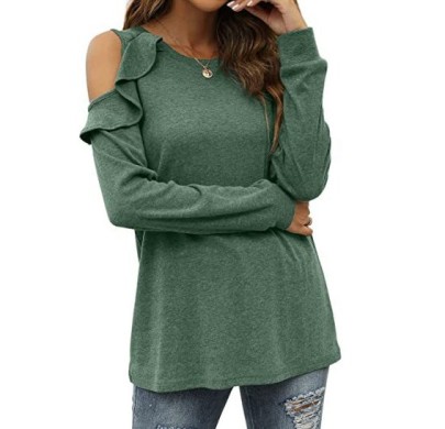 Round Neck Strapless Ruffled Loose Casual Long Sleeve Solid Color Top NSMVS139802