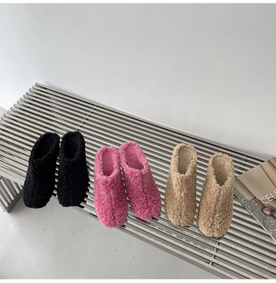 Round Toe Solid Color Plus Velvet Fur High-heeled Slippers NSZLX139430