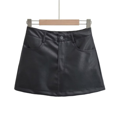 High Waist Slim A-line Solid Color PU Leather Skirt NSXDX139439