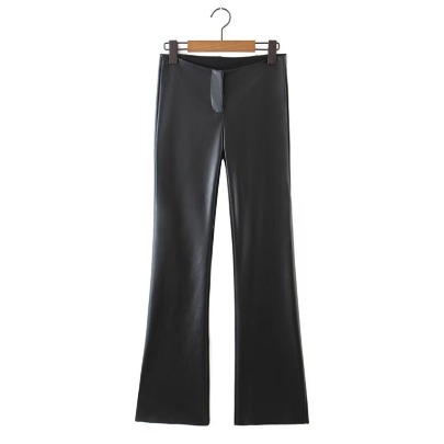 High Waist Slim Solid Color PU Leather Flared Pants NSXDX139440