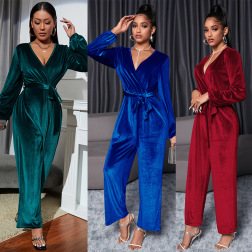 v neck long sleeve lace-up solid color jumpsuit NSHNF139449
