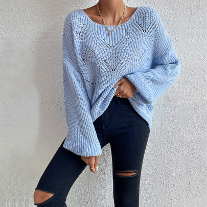 Hollow Loose Long Sleeve Round Neck Solid Color Sweater NSHNF139450