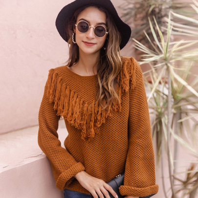 Trumpet Sleeve Round Neck Tassel Loose Solid Color Knitwear NSHNF139452